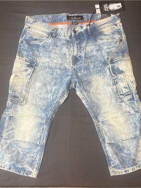 Copper Rivet Cargo Denim Shorts - Acid Wash Blue